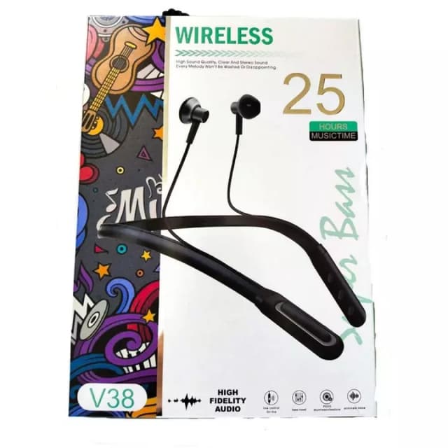 25 Hours Music time - Sports Earphone V38 High Quality With Leather Neck Ba